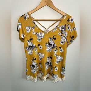 Rewind Golden Yellow Floral Crochet Tee